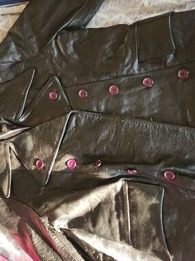Black Faux Leather Double-Breasted Coat with Pink Buttons  by cosmo limbino